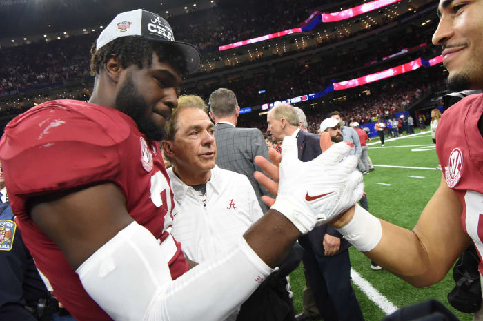 Alabama head coach Nick Saban stands with Alabama linebacker Will Anderson Jr. (31) and Alabama quarterback Bryce Young (9) after the 2022 Sugar Bowl at Caesars Superdome. Alabama defeated Kansas State 45-20.